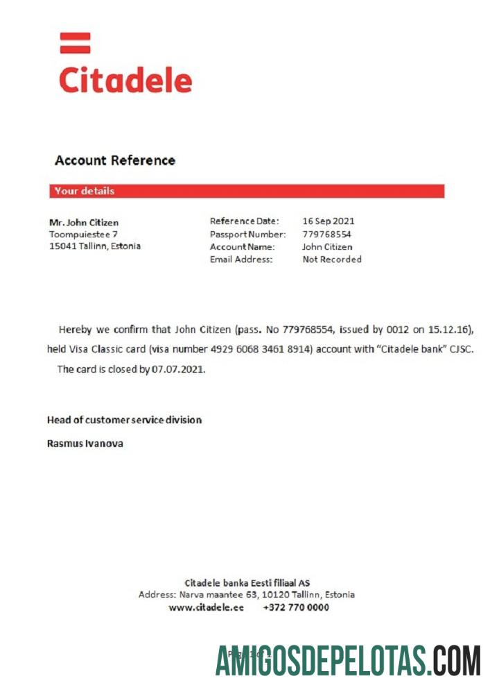 Referência de fechamento do Citadele da Estônia amostra